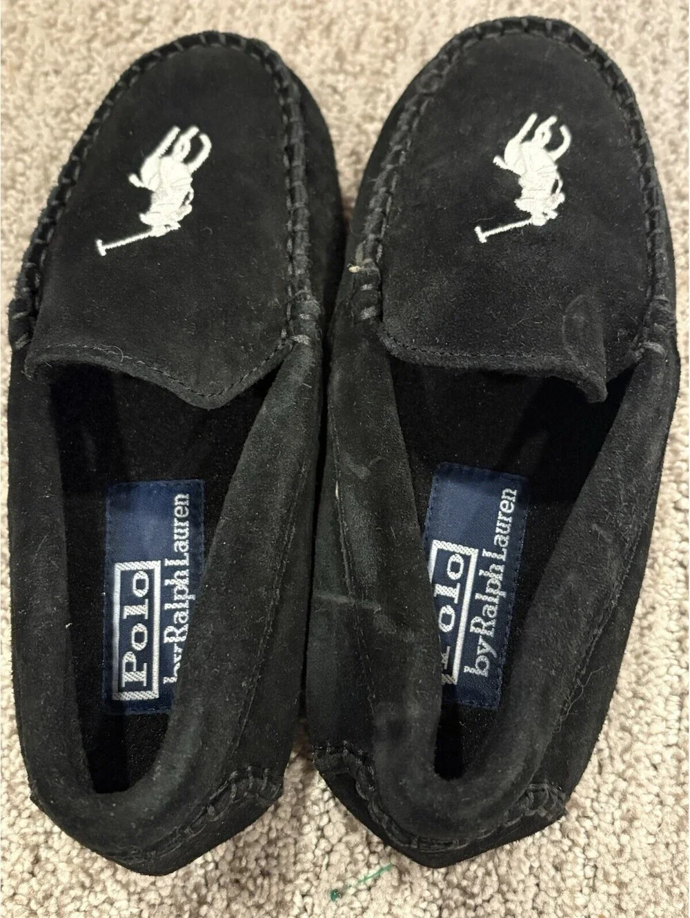 Polo Ralph Lauren Slippers Shoes Kids Size 13 Black Moccasin Fleece Pony Logo